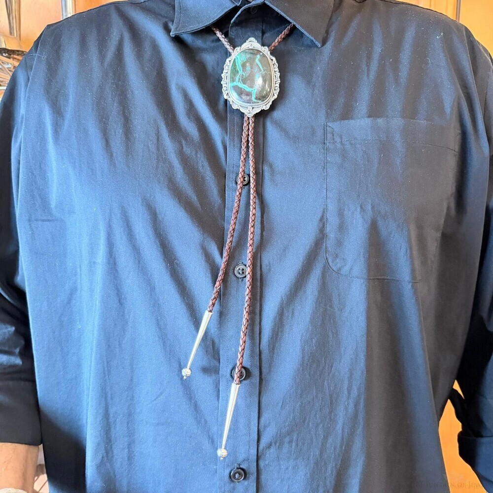 Sterling Southwestern Style Oval Large Chrysocolla Bolo Tie For Men - Picture 8 of 10